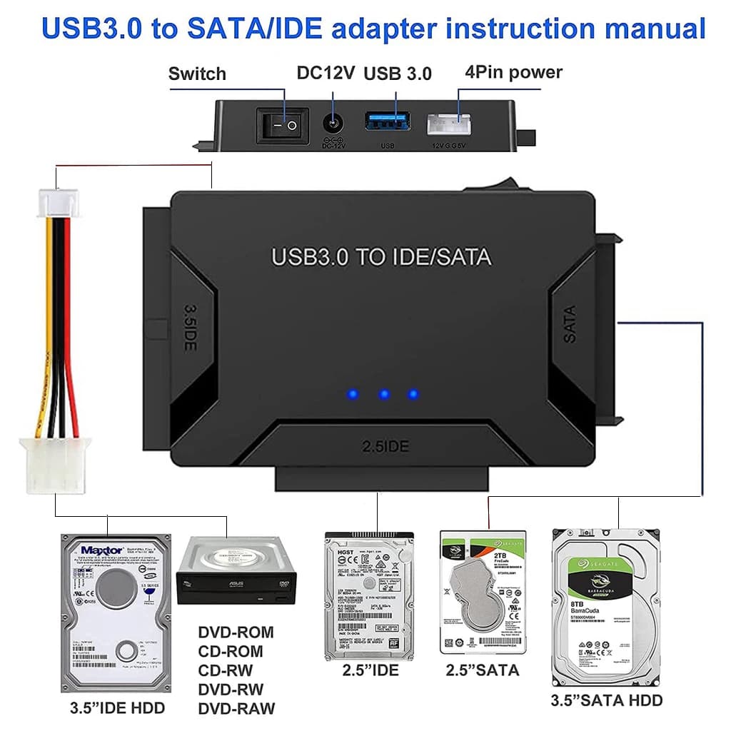 Convertitore cavo adattatore disco rigido adattatore SATA/IDE a USB 3.0 per supporto HDD SATA e IDE da 2,5/3,5 pollici da 6 TB per PC MacBook