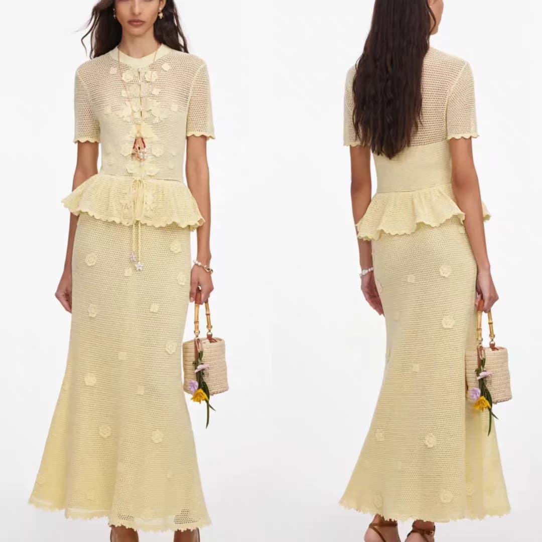 Women Flower crochet hook Hollow knit long dress high waist o-neck short sleeve fashion maxi dress