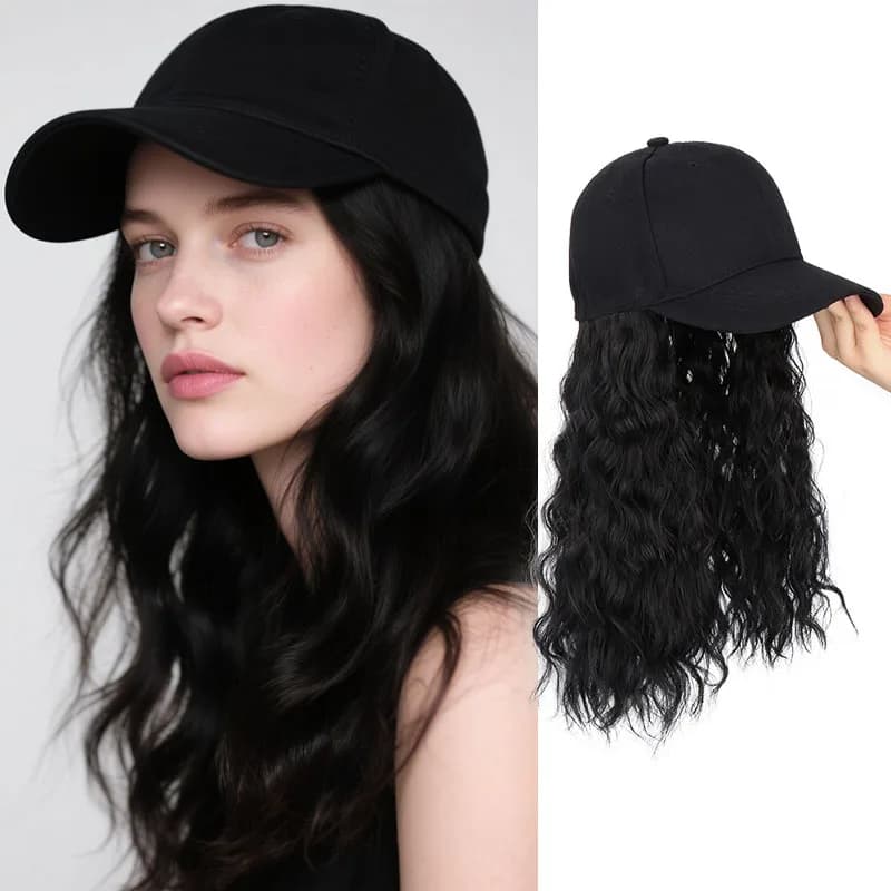 Parrucca per cappello da baseball riccia sintetica a onde lunghe da 18 pollici, estensione dei capelli, regolabile, nera, bionda, per donna