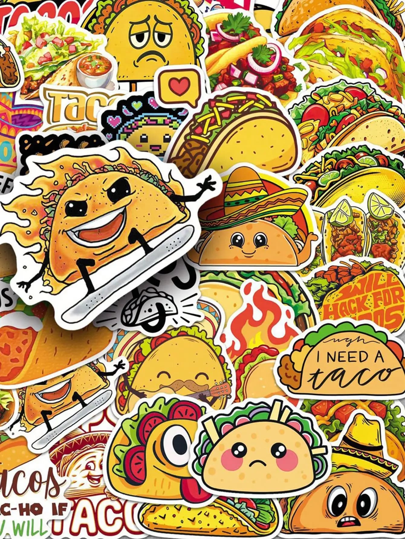 50pcs Cartoon Cute Mexican Taco Stickers, Cinco De Mayo Mexican Independence Day Decorative Stickers, Suitable For Water Bottles, Guitars, Luggage, Phone Cases, Laptops, Skateboards, Gifts, Etc.