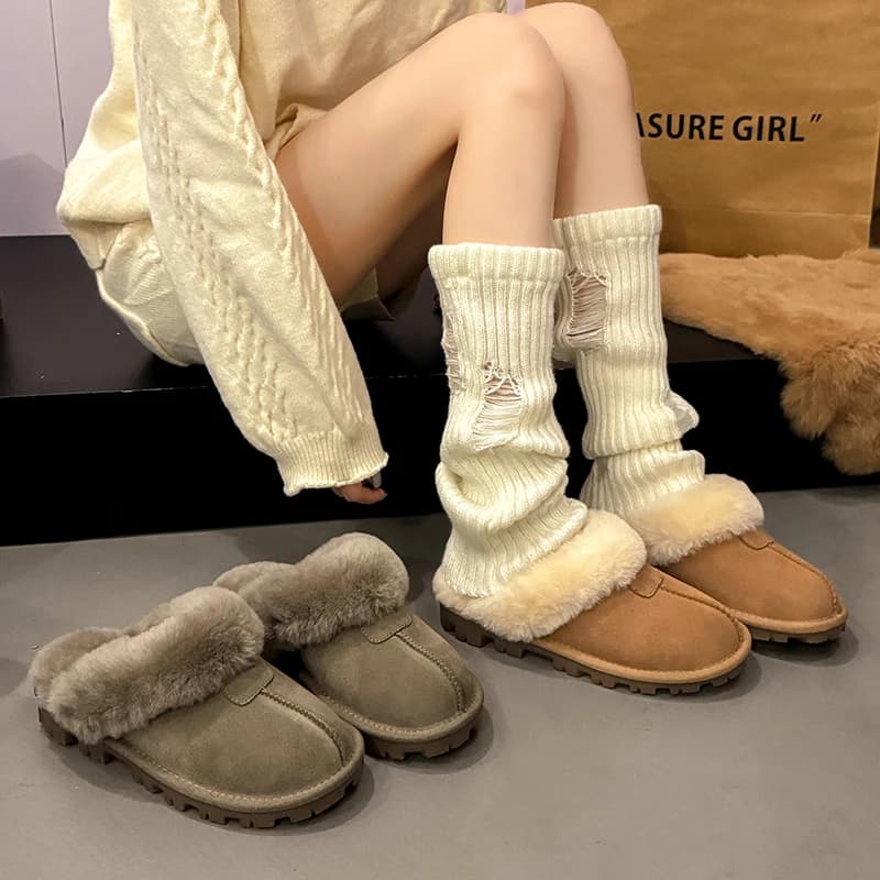 2026 New Women's Slippers Half Slippers Fleece Lined Cotton Snow Boots Slip on Flat Bottom Fur Trimmed Slip on Autumn Winter