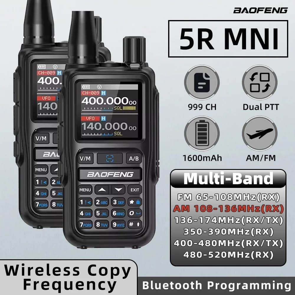 Baofeng UV 5R Mini Walkie Talkie con Abbinamento Frequenza a un Tocco, Programmazione Bluetooth, Doppia Banda PTT AM/FM per Campeggio