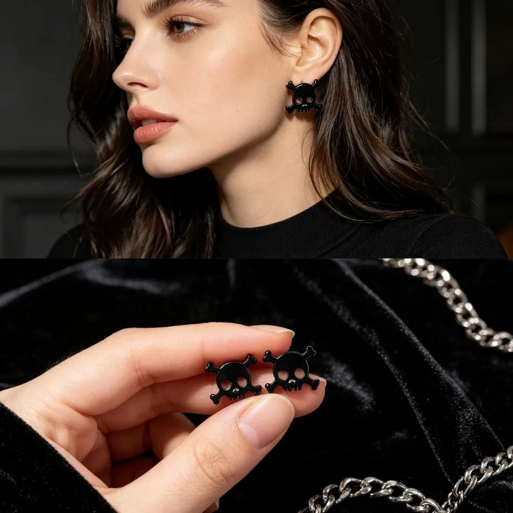 Men Fashion Hollow Mini Skull Stud Earrings, Stainless Steel Metal Ear Jewelry Halloween Style Perfect Birthday Party Gift