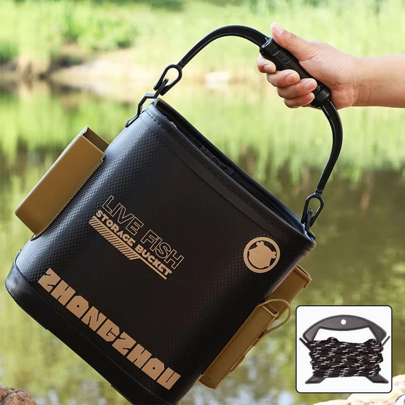 Secchio da pesca Scatola portaoggetti pieghevole portatile per acqua Scatole per pesci vivi in EVA Barile da pesca da campeggio multifunzionale con corda e rete