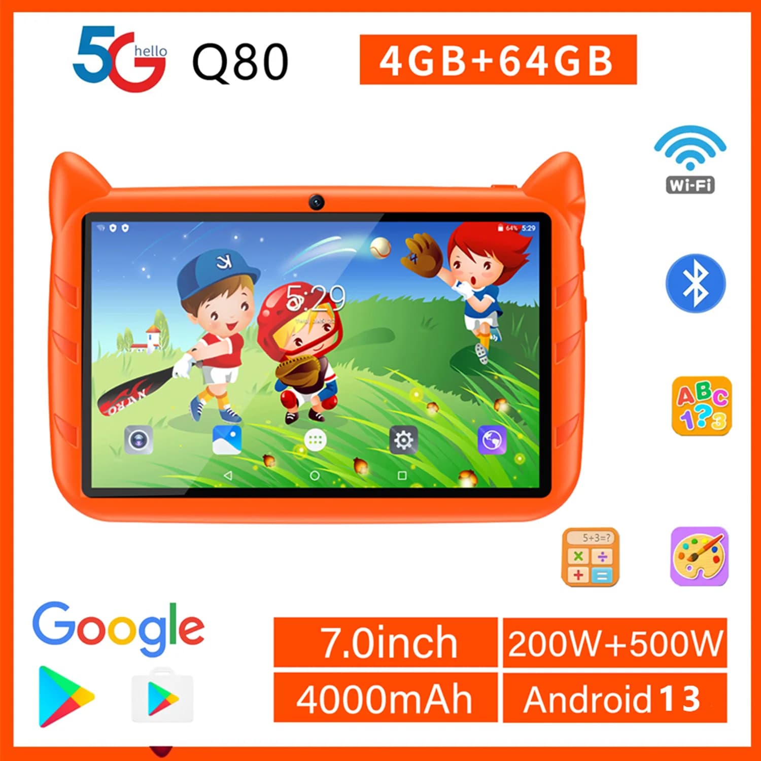New 5G WiFi Children Tablet 7 Inch Quad Core 4 GB of RAM 64 GB of Android ROM 13 Google Learning Educational Games Tablet Bluetooth
