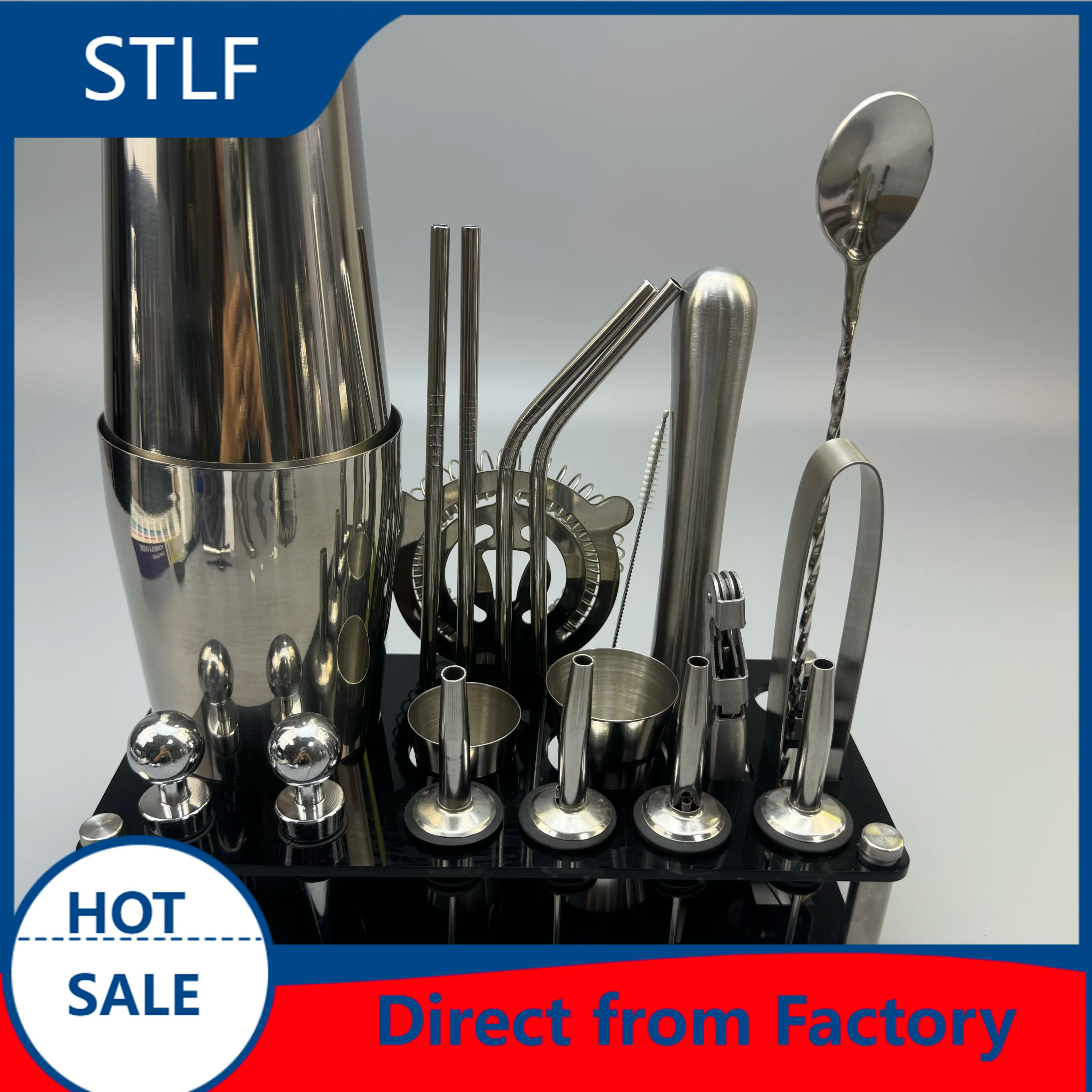 stllStainless Steel Boston Shaker Set 750/600ml Martini Cocktail Tools Straws & Stand | Pro Bar Accessories