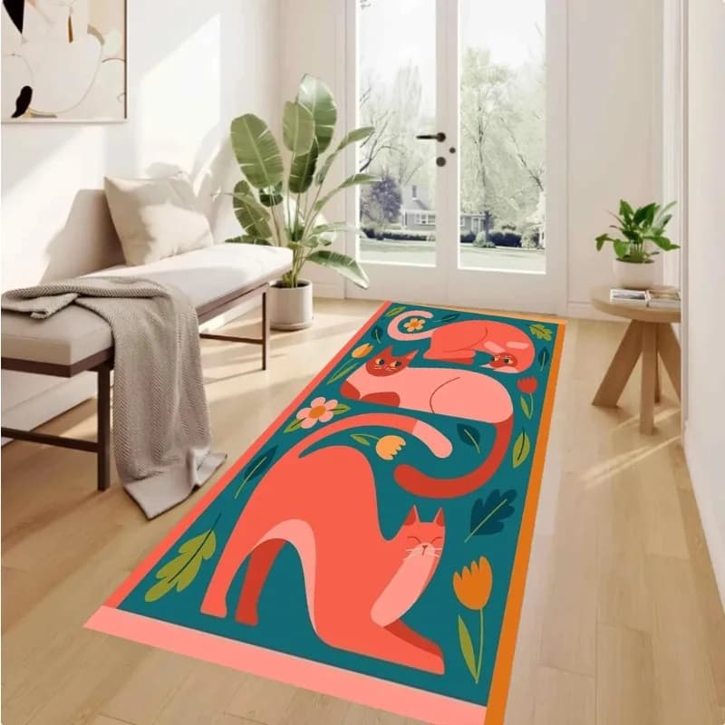 Retro Color Block Red Cat Floral Teal Background Rug Non SlipLong Floor Mat Kitchen Entry Boho Washable Soft Indoor Carpet