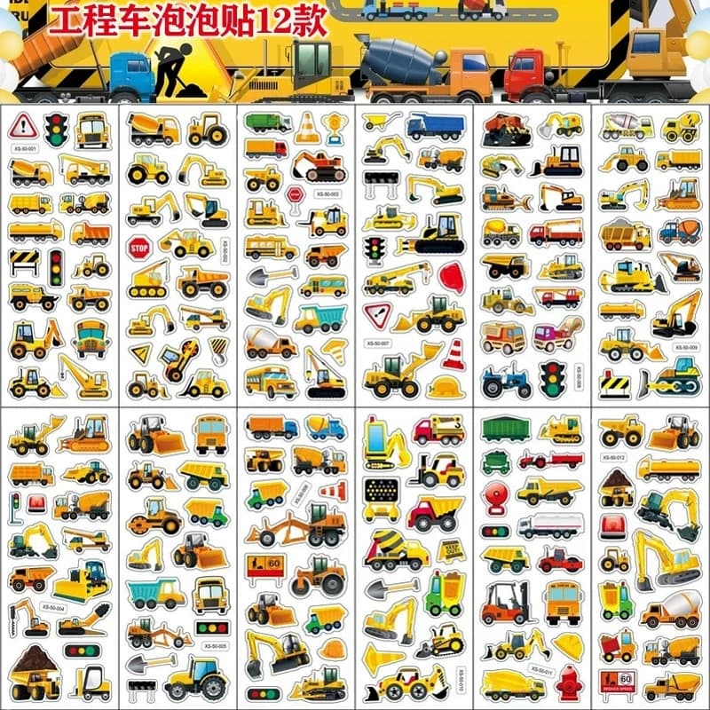 6 pezzi di adesivi per auto pompiere cartoni animati per bambini, decorazioni per l'educazione, diario, etichette per notebook, giocattolo, adesivo giallo per camion per veicoli da costruzione