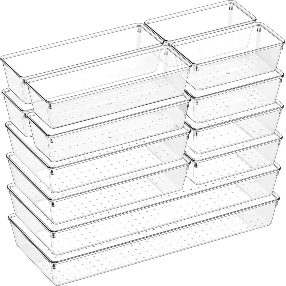 Set di 14 Organizzatori per Cassetti in Plastica Trasparente - 5 Grandi Vassoi per Cucina e Bagno, Contenitori Antiscivolo per Trucchi, Utensili, Attrezzi