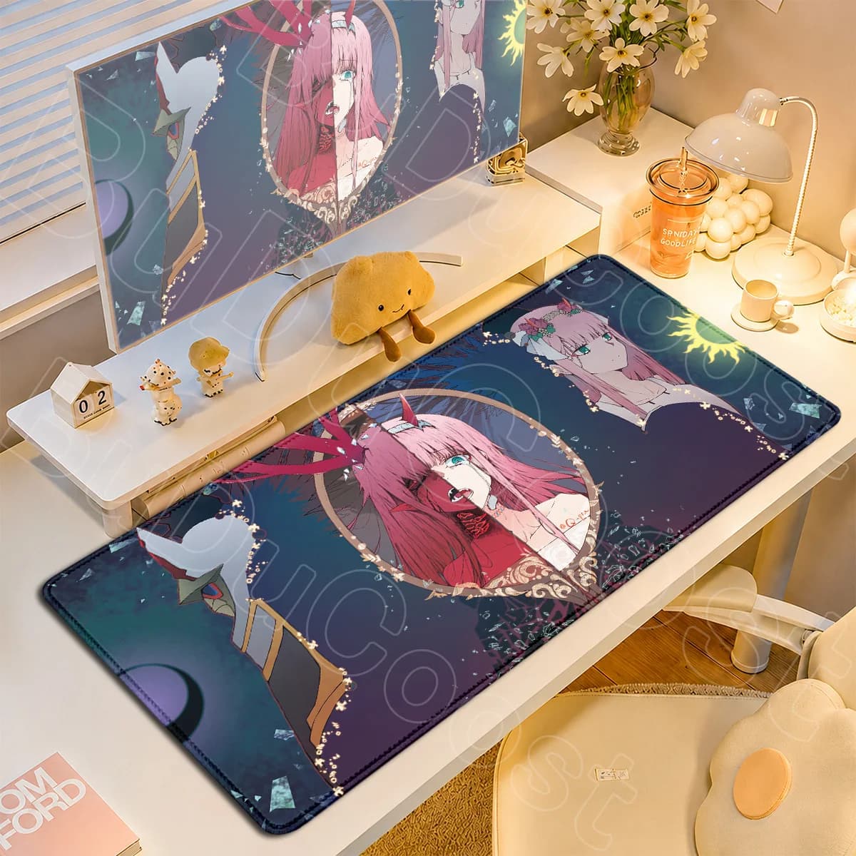 Tappetino per mouse da gaming grande con bordo in tessuto, nuovo tappetino per tastiera Anime Zero Two Darling in the Franxx, tappeto lavabile per PC