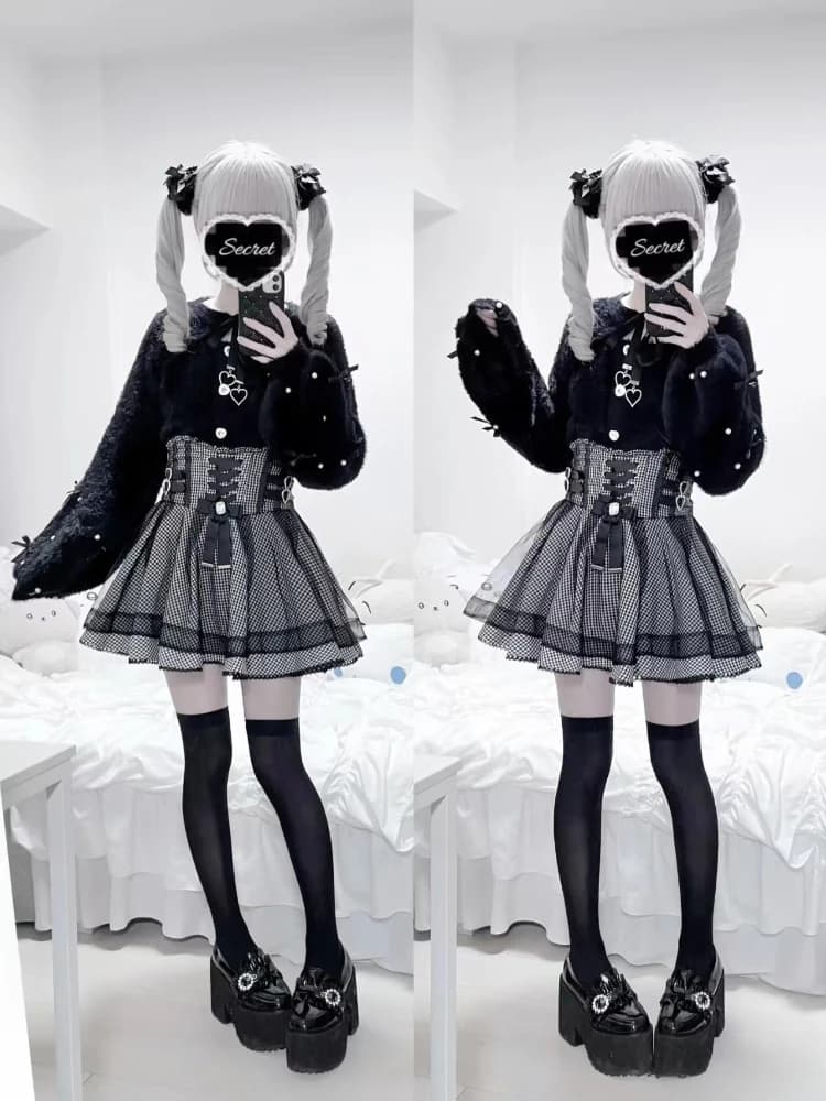 Autumn New Darkly Japanese 2-piece Set Women Design Gothic Sweet Long Sleeve Lace T-Shirts Fashion Retro Plaid Bow Short Skirt