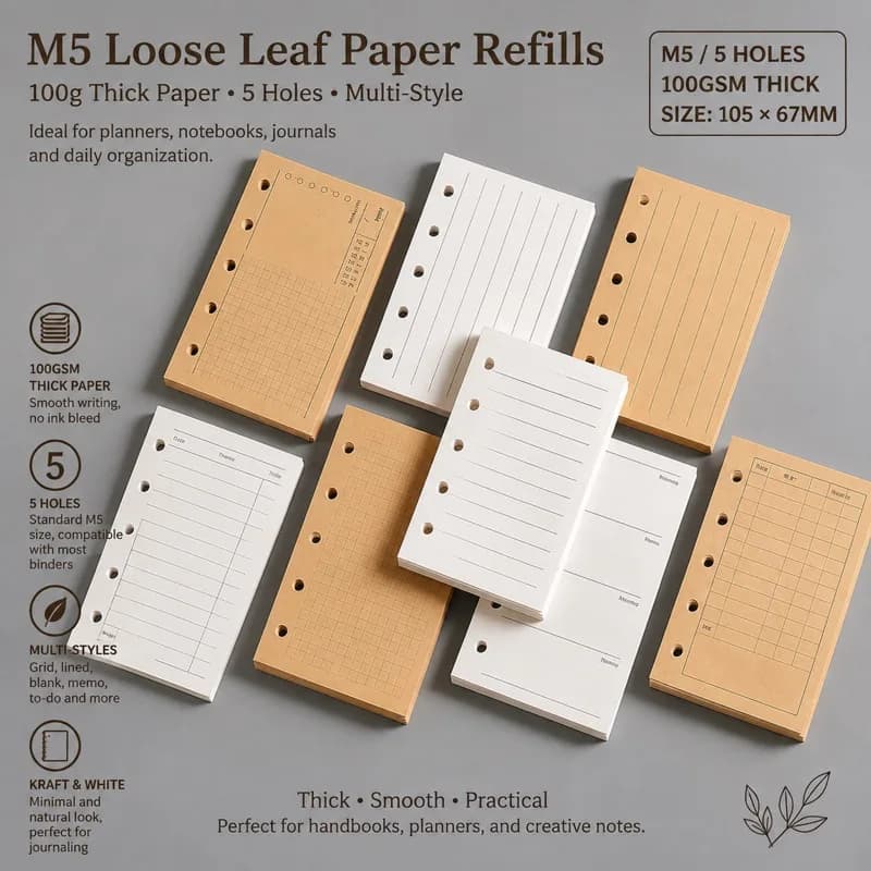 5 Hole M5 Loose Leaf Refill Paper 45 Sheets Thick Journal Inner Pages Kraft Cream Lined Grid Planner Inserts for Binder Notebook