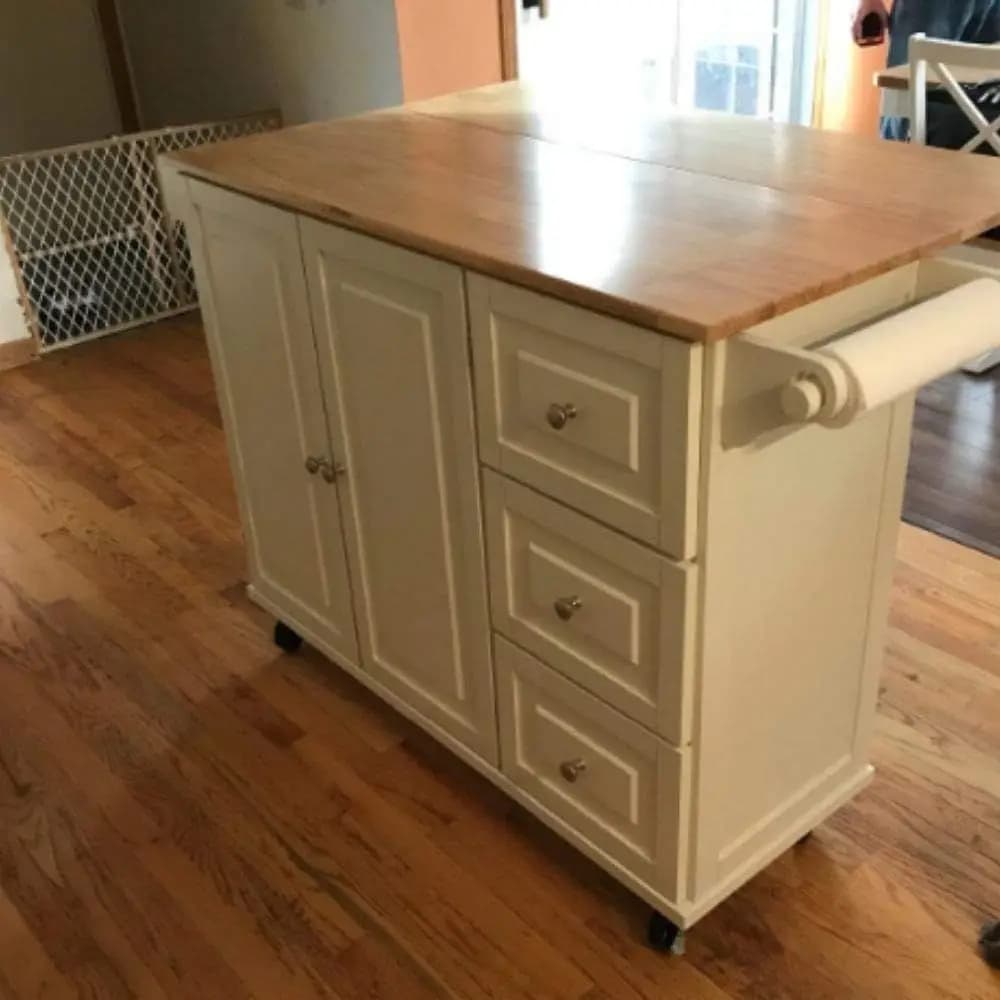 Isola da Cucina Mobile con Piano Ribaltabile, Top in Legno, Spazio di Stoccaggio, Porta Spezie a 3 Livelli e Portasciugamani