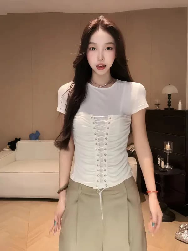 plus Size Women's Korean Style Pure Desire round Neck Short Sleeve T-Shirt Summer New Style Spicy Girl Belted Pleated Waist S...
