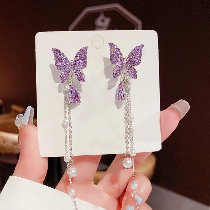 FTCY Orecchini con nappa a farfalla viola per donna Orecchini con nappa con perla di simulazione di cristallo Regalo di gioielli per feste da donna