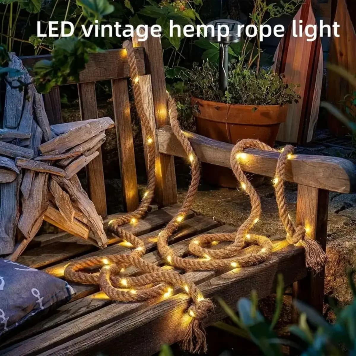 1pc50LED solare retrò corda di canapa filo di rame luce con 8 modalità esterna impermeabile campeggio stringa luce parco fata atmosfera lampada