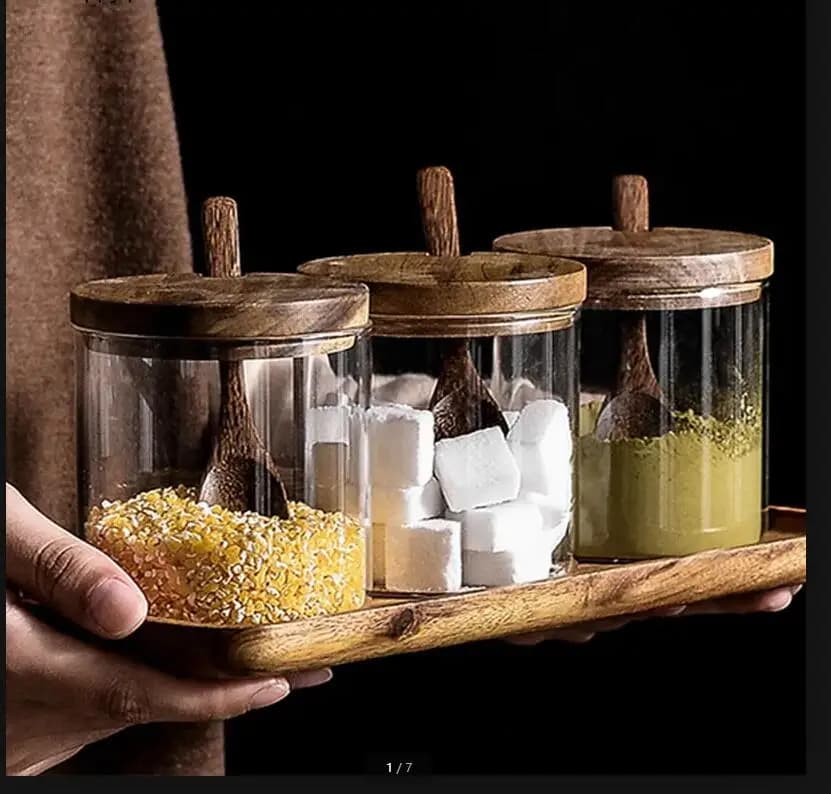 Home Glass Spice Jar Three-piece Set Kitchen Supplies Seasoning Box Wooden Cover Spoon Transparent Container Tools
