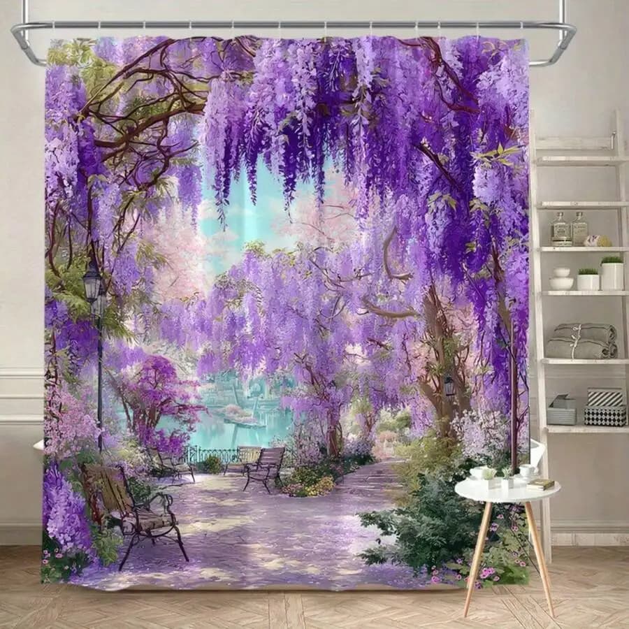Wisteria Garden Path Shower Curtain Purple Pink Floral Design Polyester 70x70 Inch With 12 Hooks