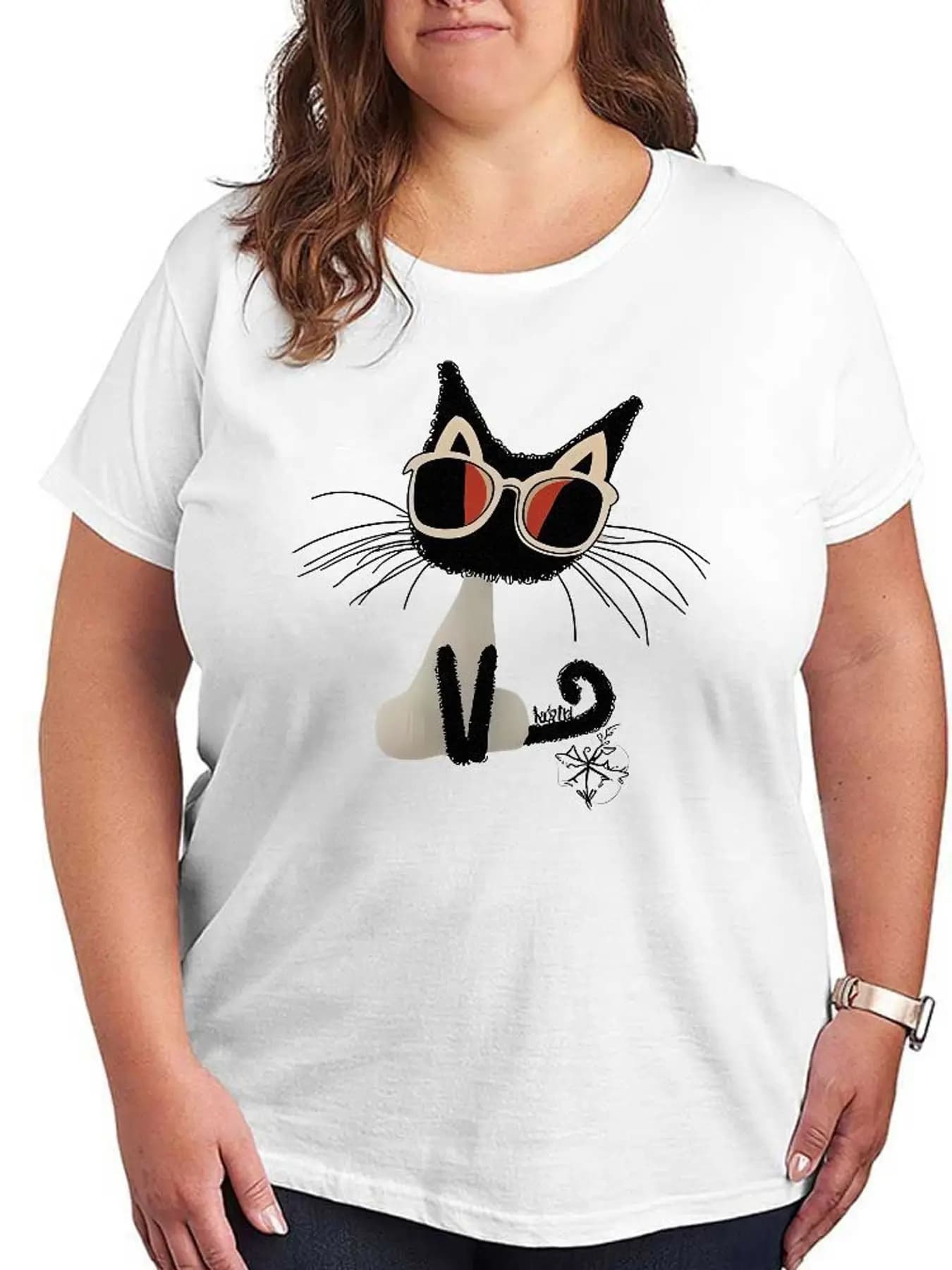 Cute Cat Wearing Sunglasses Graphic T Shirt Women Fashion Short Sleeve Stretchy Tees Plus Size Casual Summer Tops