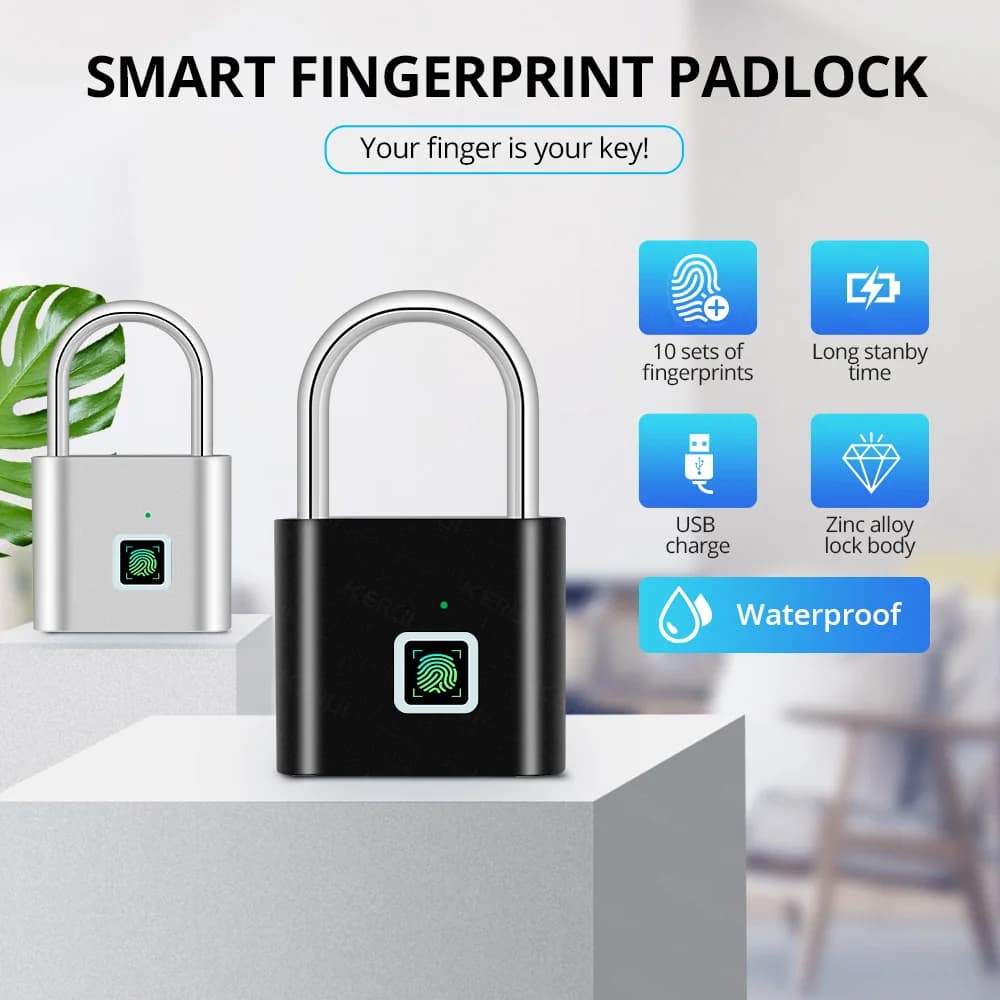 Lucchetto KERUI con Impronta Digitale Senza Chiave, Serratura di Sicurezza Elettronica per Valigie, Lucchetto Intelligente Antifurto per Porte