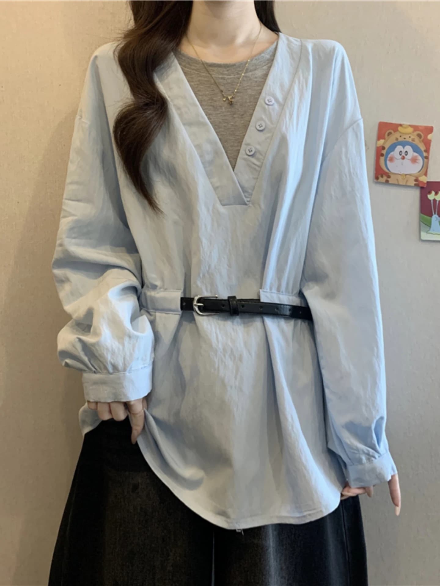 Slimming V-Neck Long Sleeve Shirt Women's Style Spring Autumn plus Size Big MM Fake Two-Piece Belted Waist Cinched Top