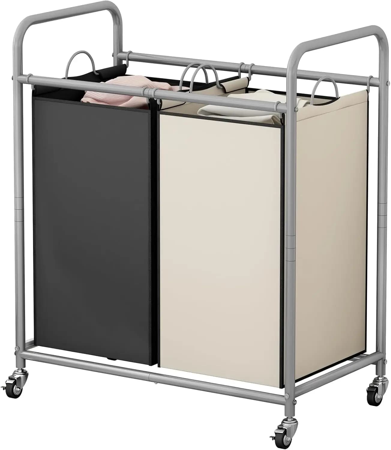 Trolley 2 Sacchi with Wheels Lockable and Removable Bags, Organizer Portabiancheria su Ruote per la Casa