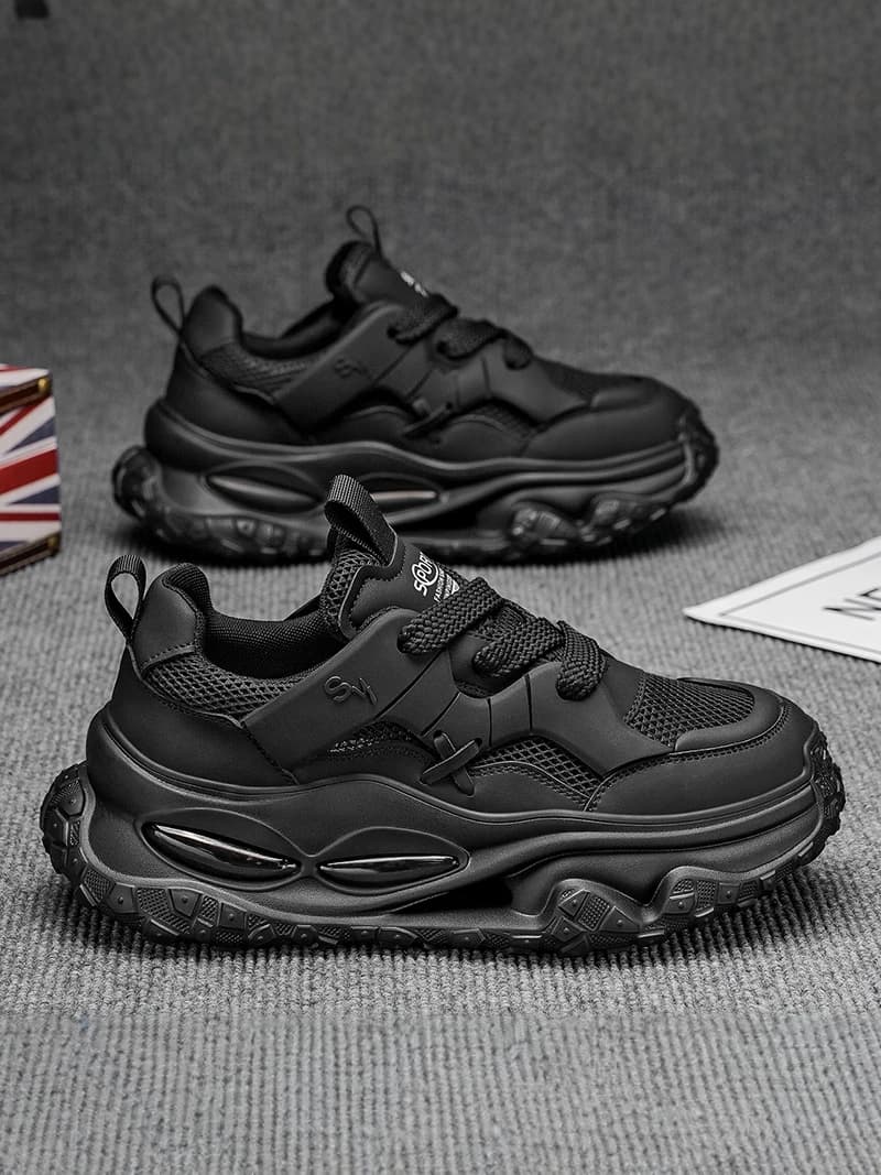 Black Samurai Men's Shoes Breathable Mesh Sporty Dad Sneakers High Insole Spring Autumn Seasonal Rubber Outsole round Toe