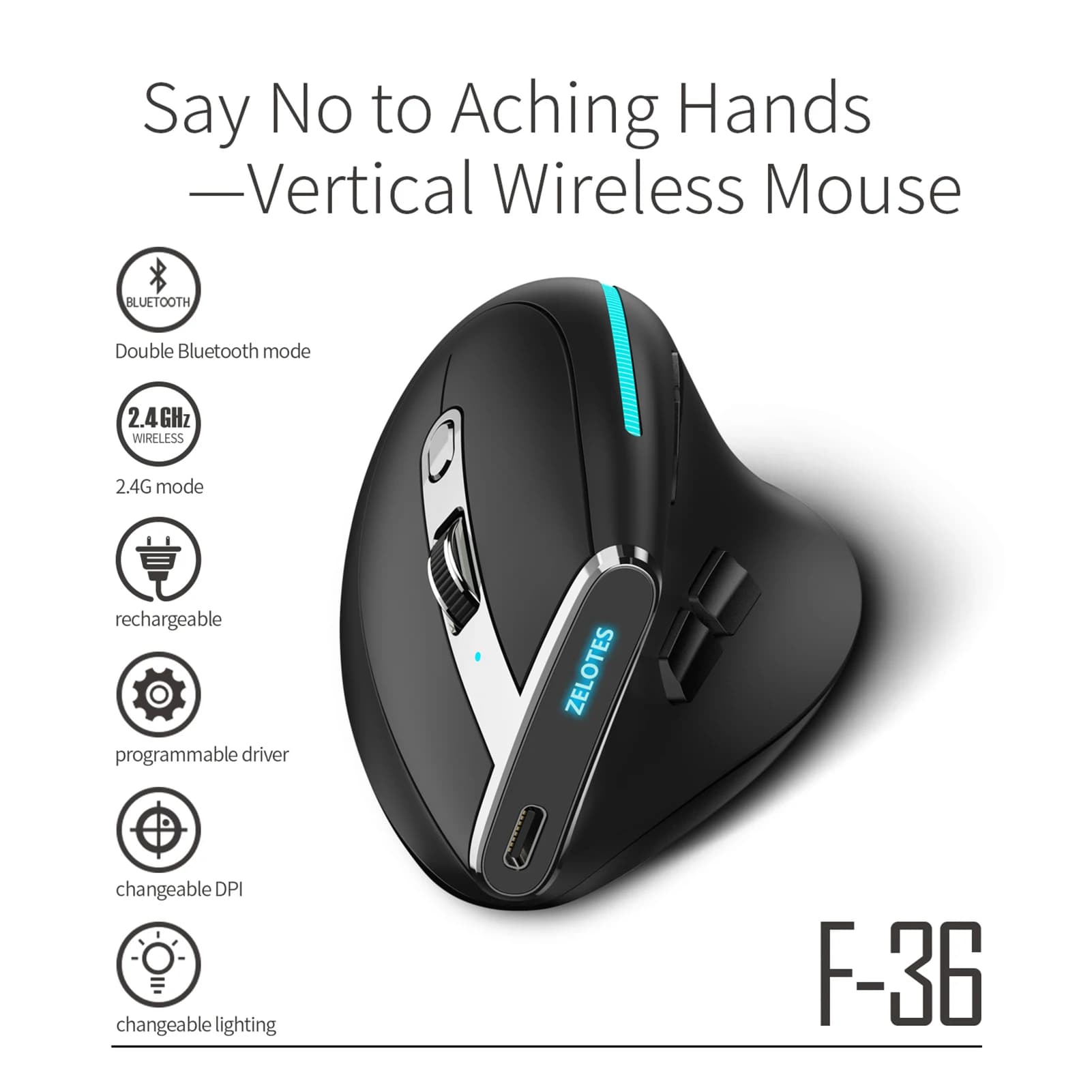 ZELOTES F-36 Mouse Bluetooth verticale wireless 2.4G luce a colori 8 tasti programmazione mouse da gioco 2400 DPI batteria al litio 730 mAh