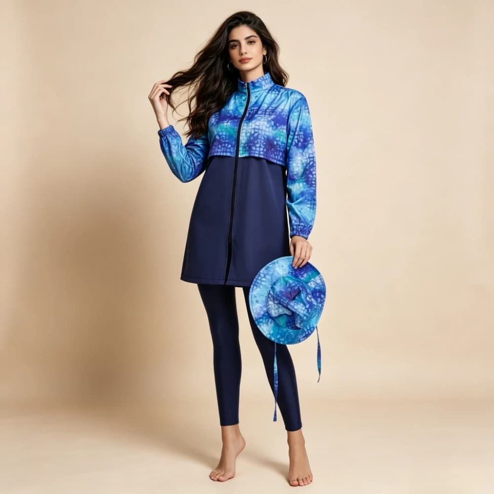 Costume da bagno burkini musulmano 4 pezzi 2026 con cappello, copertura completa, tie-dye, maniche lunghe, abbigliamento islamico da spiaggia per donna