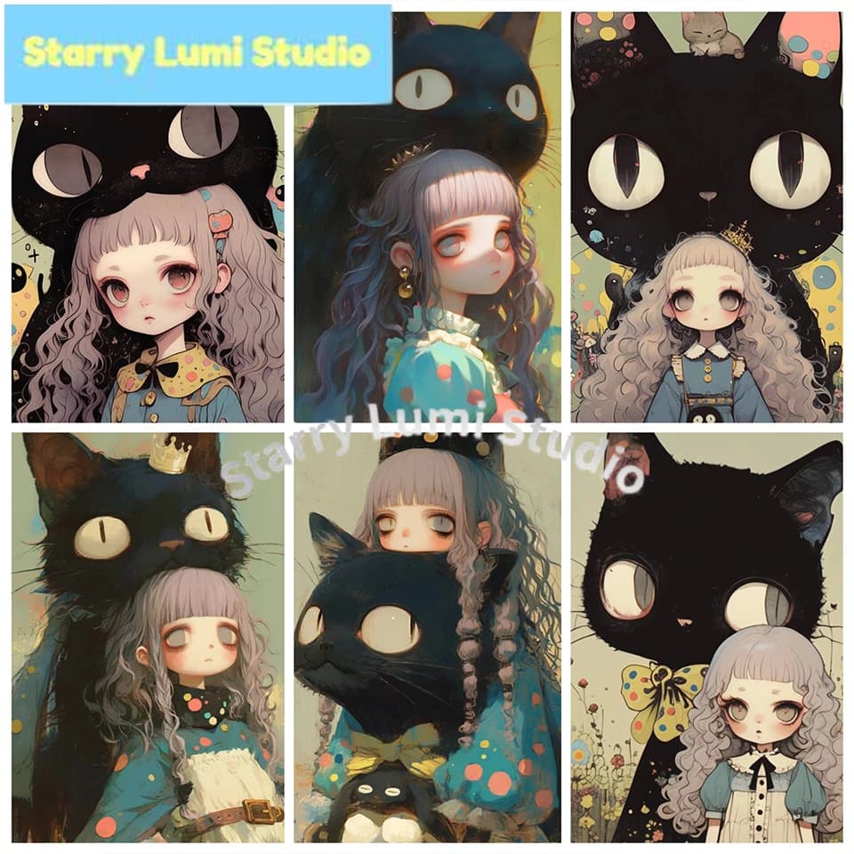 Kit per Diamond Painting 5D Fai da Te, Ritratto di Gatto e Ragazza Cartone Animato con Strass, Ricamo Animale, Regalo, Kit Punto Croce