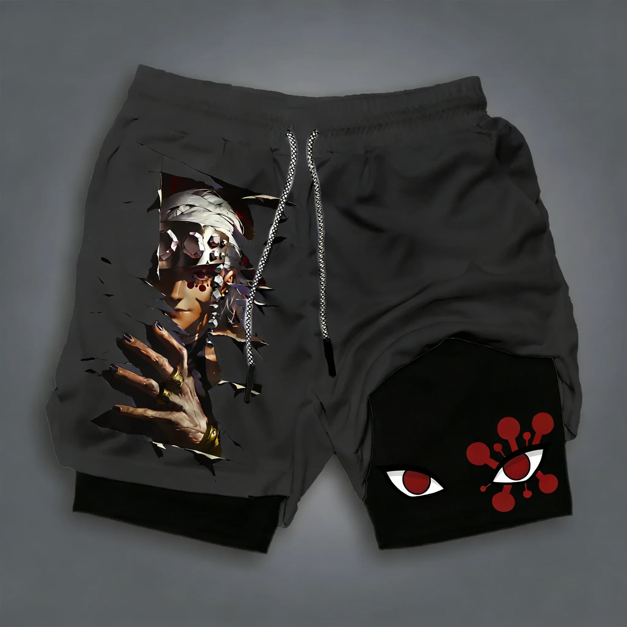 Unisex 2-in-1 Sports Shorts Demon Slayer, Print Anime Uzui Tengen, for Swimming and Running, Fast Drying, Double Layer