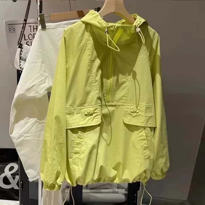 Pop Pop Women's Zipper Jacket Fashion Summer Yellow Hooded Top Slim Coat 2025 New Korean Coached Solar Protection Clothing Hoodies Outwear