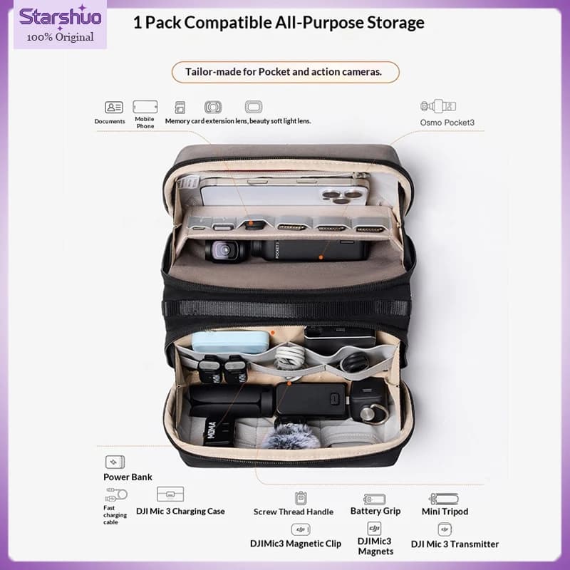 Inateck four-part digital folding bag for data cables and camera chargers, suitable for DJI 5, Pocket, Action Camera