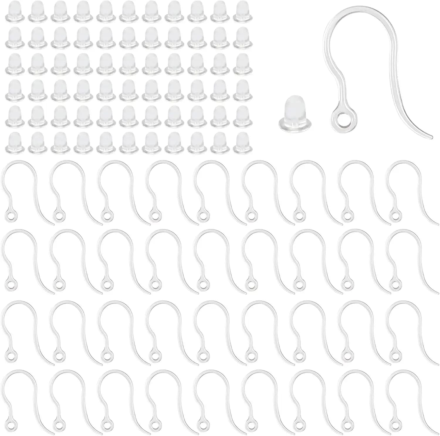 40 transparent plastic earring hooks, ear wire with ring, french fish hooks with clear earrings caps for making diy jewelry