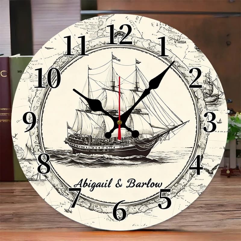 Silent wall clock in nautical wood for sailing boats, suitable for living room, office, study room, bedroom, home decoration