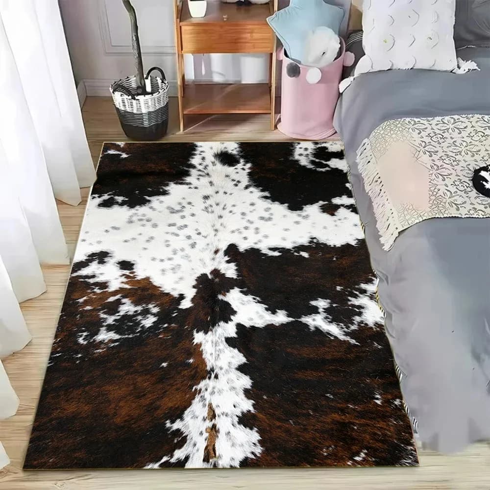 Faux Cowhide Pattern Area Rug Natural Texture Home Decor Living Room Bedroom Floor Carpet Retro Rustic Style Multiple Designs