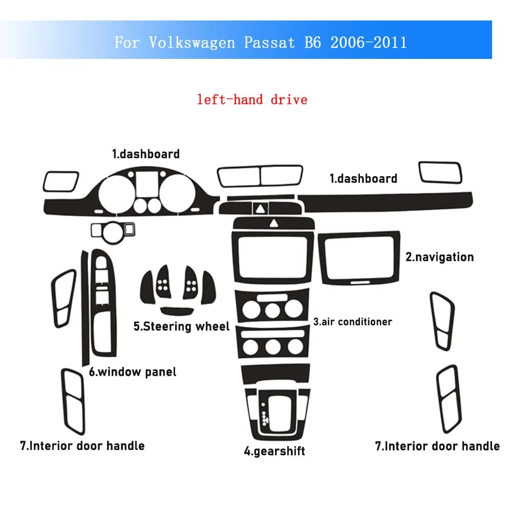 Pellicola in Fibra di Carbonio per Volkswagen Passat B6 2006-11, Adesivo per Interni Auto, Console Centrale, Cruscotto, Maniglie Porte, Pannello di Sollevamento