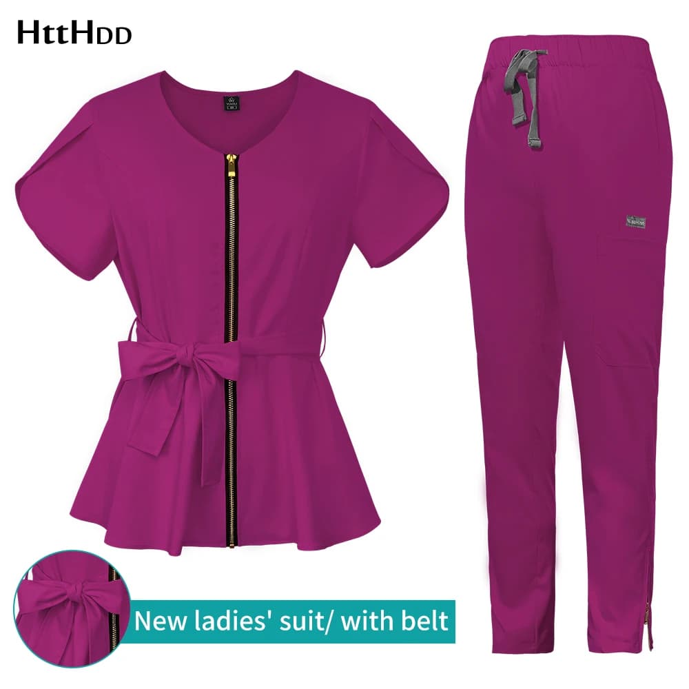 Prezzo all'ingrosso Scrub ospedaliero Set per donna Clinica per animali domestici Uniforme Tinta unita Scrub Abito chirurgico Tasche multiple con cintura