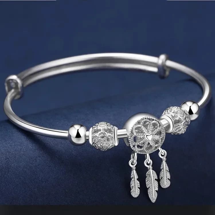 Korean fashion 925 sterling Silver Dreamcatcher Tassel Feather lucky Beads Bracelet Bangle For Women wedding accessories Jewelry