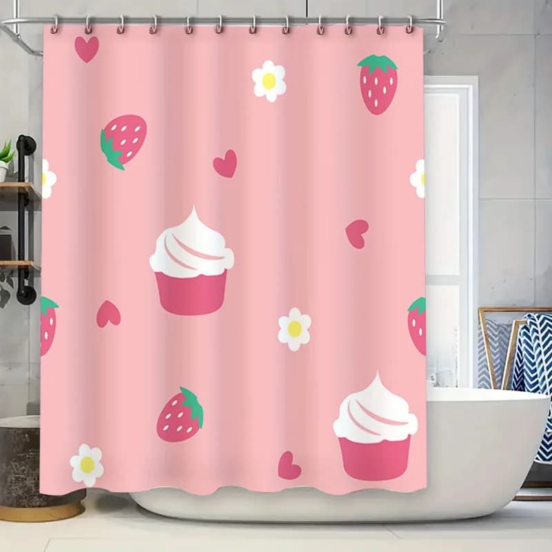 Tenda da doccia con cupcakes a strisce carine per l'arredamento del bagno Tappetino da bagno impermeabile in tessuto floreale rosa con ganci disponibili in vari S