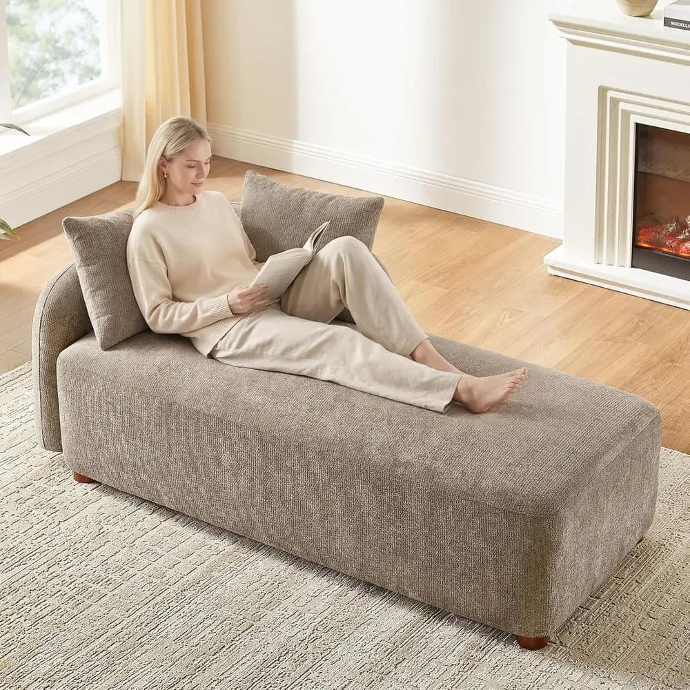 Chaise longue oversize da interno da 175 cm, comoda poltrona lettino in ciniglia per lettura, divano letto imbottito con 2 cuscini