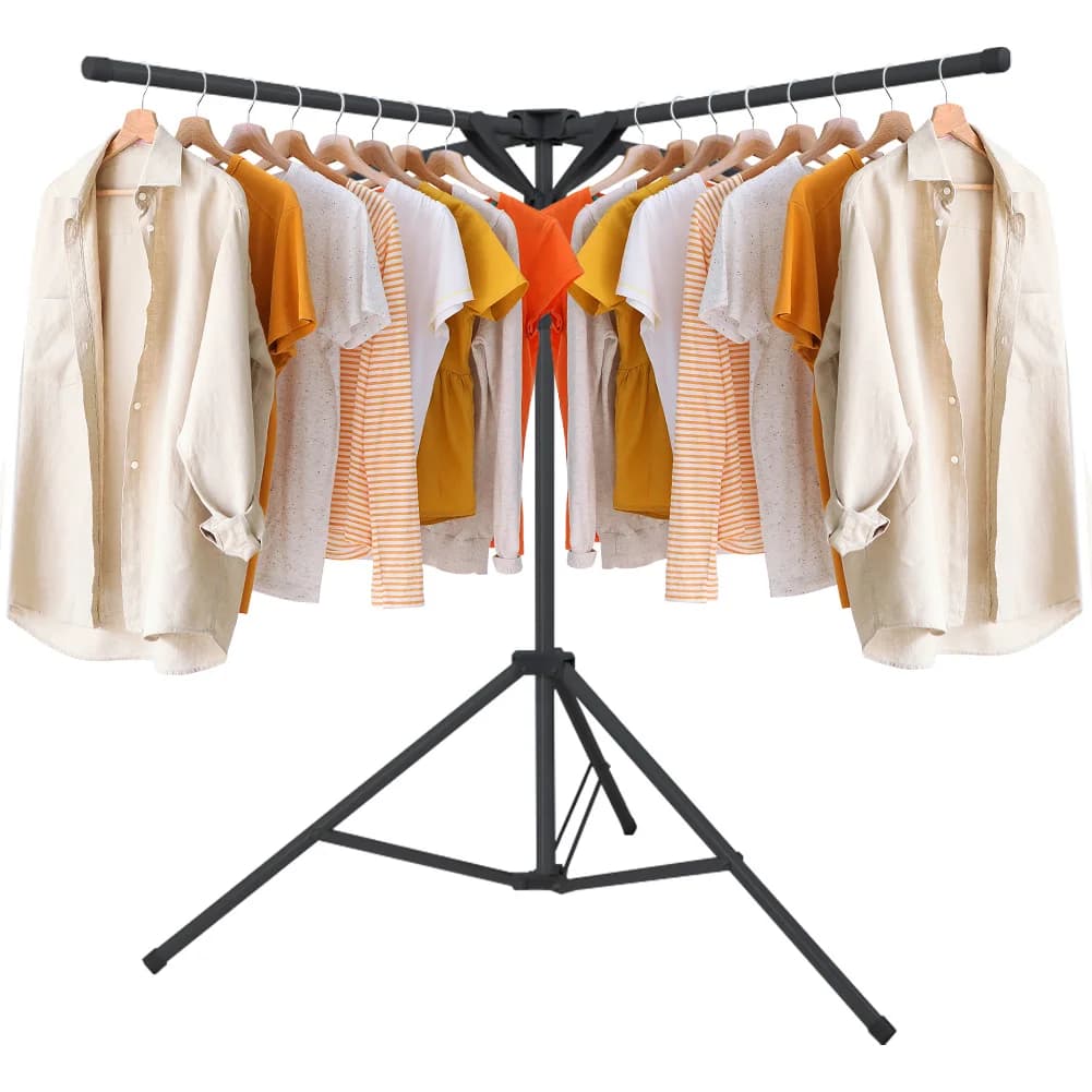 Tripod coat rack with 4 rods, folding rod with swivel arms for interior and exterior