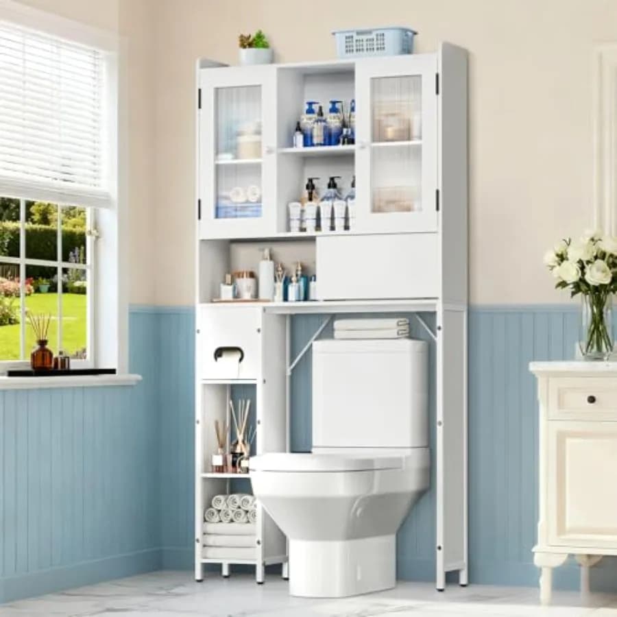 Bathroom storage cabinet Over the toilet with sliding doors, adjustable shelves and toilet paper holder, White Organizer for the bathroom