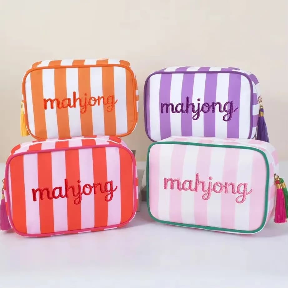 Borsa per il Trucco con Nome Ricamato, Borsa per Articoli da Toeletta Personalizzata per Donne, Borsa da Viaggio per Signore con Monogramma, Borsa per Toilette a Righe con Nappine