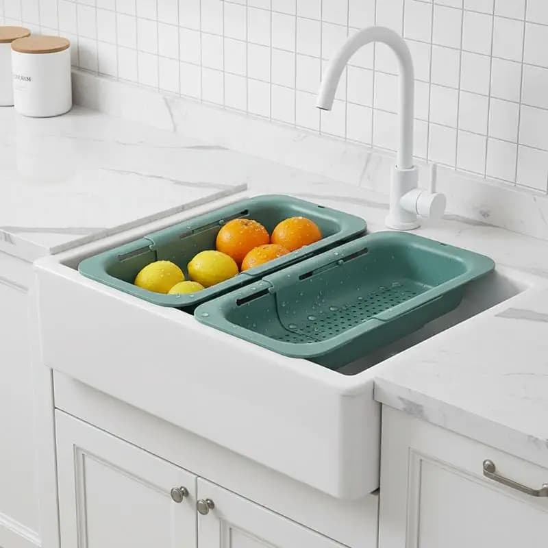 Cestello Scolapiatti Regolabile per Lavello, Scaffale Telescopico in Plastica, Facile da Installare, Salvaspazio per Pulizia Piatti e Verdure