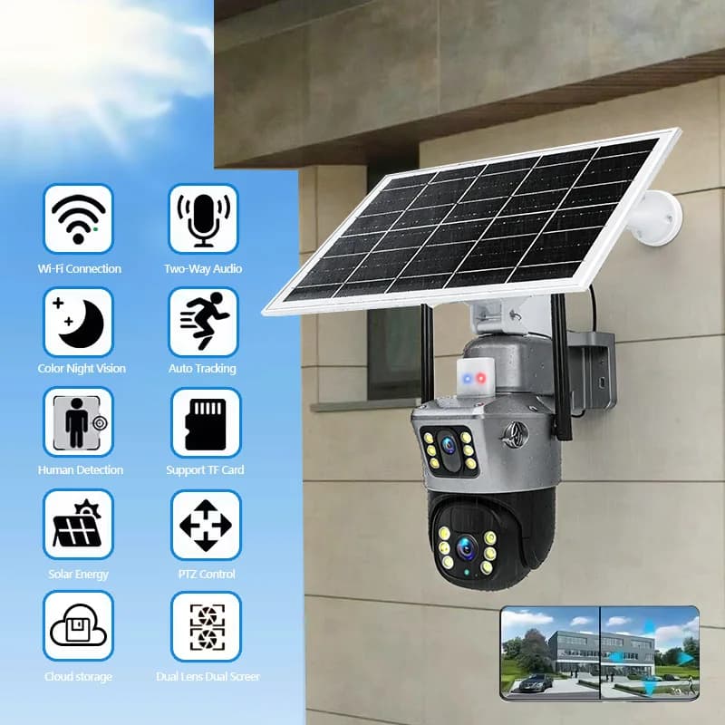 Telecamera di sicurezza CCTV 4K 6MP Wireless Dual Video Dual Lens Impermeabile ad energia solare HD IP PTZ Telecamera di sicurezza CCTV 2.4GWiFi esterna