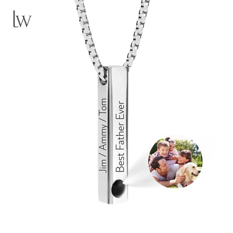 Collana con nome con immagine personalizzata Collana con foto a barra incisa in 3D personalizzata Nome personalizzato Regalo di gioielli commemorativi per donne e uomini