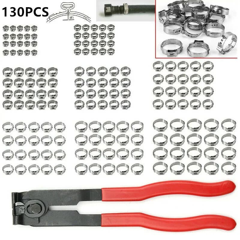 130 pz Fascette per tubi flessibili continue a orecchio singolo 5.8-23.5mm Fascette per tubi flessibili in acciaio inossidabile 304 Cinch Anelli di serraggio + 1 PC Pinze per fascette per tubi flessibili
