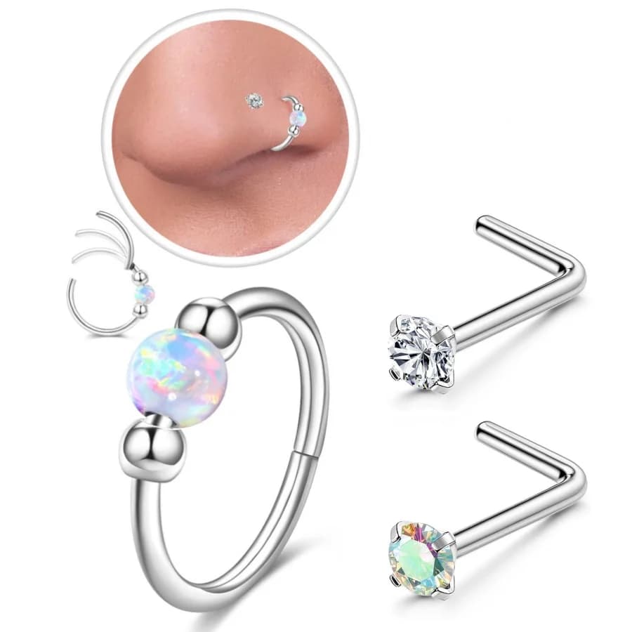 316L Stainless Steel Opal Bead Nose Ring Hoop L-Shaped CZ Nose Stud Set Septum Piercing Nose Jewelry
