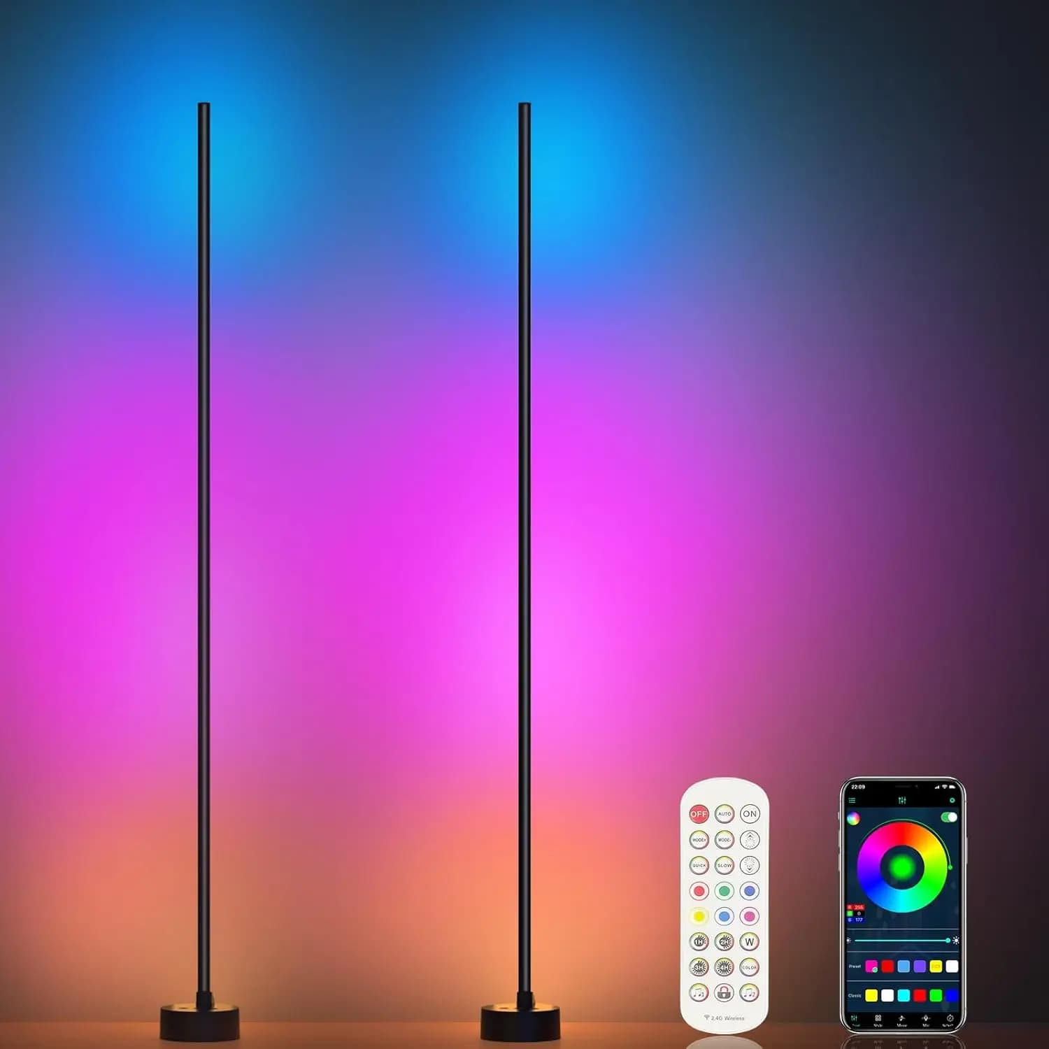 Set di 2 Lampade da Terra RGB Intelligenti con Controllo App/Telecomando, 16 Milioni di Colori e Sincronizzazione Musicale per Soggiorno, Camera da Letto, Gaming
